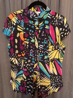 Agora Multicolor Floral Pleated Button-Down Blouse Short Sleeve Collar M